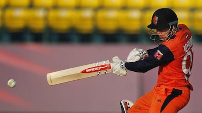 Stephan Myburgh of the Netherlands plays a shot during the ICC World T20 2016 cricket tournament against Bangladesh at the Himachal Pradesh Cricket Association (HPCA) stadium in Dharmsala, India, Wednesday, March 9, 2016. (AP Photo/Tsering Topgyal)