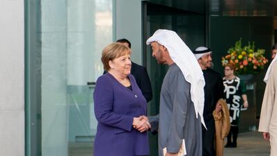 Sheikh Mohamed bin Zayed Al Nahyan, Crown Prince of Abu Dhabi and Deputy Supreme Commander of the UAE Armed Forces, meets with Angela Merkel, Chancellor of Germany. Ministry of Presidential Affairs