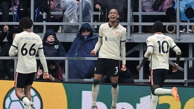 Liverpool's midfielder Fabinho, centre, after scoring against Burnley at Turf Moor on Sunday, February 13, 2022. AFP