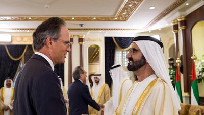 British ambassador Philip Parham pictured with Sheikh Mohamed bin Rashid, Vice President of the UAE and Ruler of Dubai in 2015. Ryan Carter / Crown Prince Court - Abu Dhabi