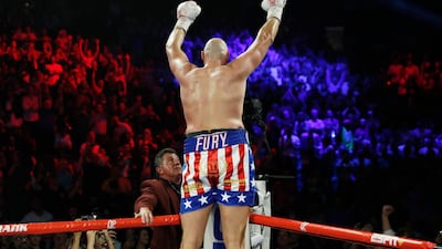 Tyson Fury, of England, celebrates after defeating Tom Schwarz, of Germany, during a heavyweight boxing match in Las Vegas. AP Photo