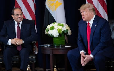 Egyptian President Abdel Fattah El Sisi, left, opposes US President Donald Trump’s proposal to take over the Gaza Strip. AFP