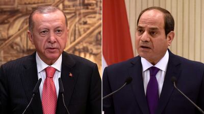 Turkish President Recep Tayyip Erdogan, left, and Egyptian President Abdel Fattah El Sisi, right have promoted warmer ties in recent years. Reuters