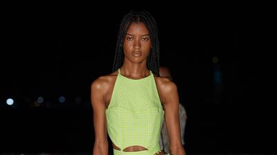 A lime green dress with padded hips by Prabul Gurung for spring / summer 2022. Photo: Prabul Gurung