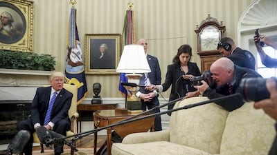 President Donald Trump speaks to members of the media while meeting with Sheikh Mohammed bin Zayed, Crown Prince of Abu Dhabiand Deputy Supreme Commander of the Armed Forces, to the White House in Washington on Monday. Andrew Harnik / AP Photo