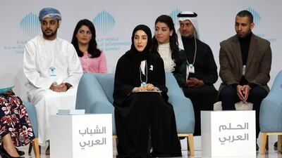 The Arab Youth Strategy session at the World Government Summit 2018 held at Madinat Jumeirah in Dubai. Pawan Singh / The National NOTE: Minister of State for Youth Shamma Al Mazrouei (center)