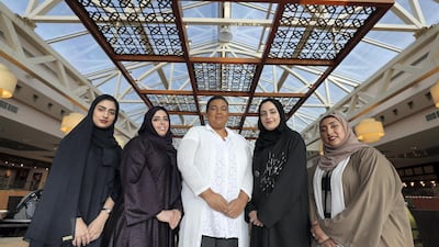 The Untitled Chapters group is helping Emirati women unlock their creative talent. From left to right: Shamma Al Bastaki, Shahd Thani, Afra Atiq, Fatma Al Bannai and Hessa Al Banafsaj. Chris Whiteoak / The National