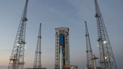 An Iranian Defence Ministry photo shows the Simorgh or "Phoenix" rocket prior to launch last year. AP