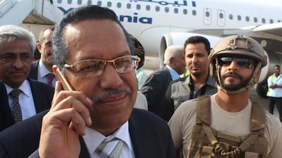 Yemen’s prime minister, Ahmed Obaid Bin Dagher disembarks from a plane at Aden airport on June 6, 2016. Saleh Al Obeidi / AFP