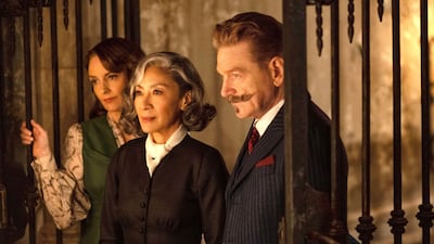 From left, Tina Fey, Michelle Yeoh and Sir Kenneth Branagh in A Haunting in Venice. Photo: Disney