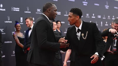 Usain Bolt and Jude Bellingham talk on the red carpet at the 2024 Laureus World Sports Awards. Getty
