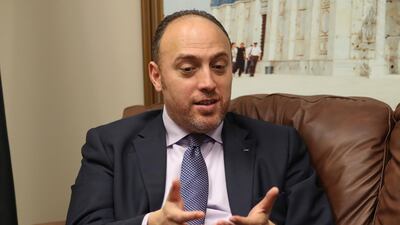 Husam Zomlot, the Palestinian envoy to Great Britain, speaks during an interview with the Associated Press in Washington, Friday, Feb. 16, 2018. (AP Photo/Pablo Martinez Monsivais)