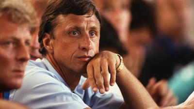 Dutch football legend Johan Cruijff, coach of Barcelona, looks on during the Champions League round 1 match between FC Barcelona and Viking Stavanger at the Camp Nou Stadium on September 16, 1992 in Barcelona, Spain. (Photo by Bongarts/Getty Images)