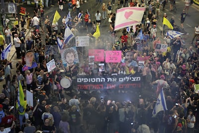 Families of Israeli hostages in Gaza gather in Tel Aviv to call on the government to reach a ceasefire deal with Hamas. EPA
