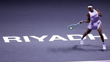 RIYADH, SAUDI ARABIA - NOVEMBER 06: Coco Gauff of United States plays a forehand against Aryna Sabalenka during their Round Robin Singles match on day six of the WTA Finals Riyadh as part of the Hologic WTA Tour 2025 at King Saud University Indoor Arena on November 06, 2025 in Riyadh, Saudi Arabia. (Photo by Katelyn Mulcahy/Getty Images for WTA)
