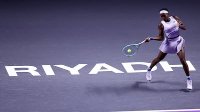 RIYADH, SAUDI ARABIA - NOVEMBER 06: Coco Gauff of United States plays a forehand against Aryna Sabalenka during their Round Robin Singles match on day six of the WTA Finals Riyadh as part of the Hologic WTA Tour 2025 at King Saud University Indoor Arena on November 06, 2025 in Riyadh, Saudi Arabia. (Photo by Katelyn Mulcahy/Getty Images for WTA)