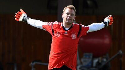 Germany keeper Manuel Neuer shown during a training session on Thursday ahead of the 2014 World Cup. Patrik Stollarz / AFP / June 12, 2014