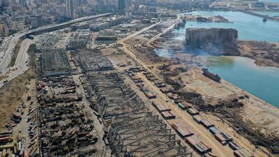 An aerial view shows the damage done to the grain silos and the area around it on August 5, 2020, one day after the explosion caused by the detonation of nearly 3,000 tonnes of ammonium nitrate stored at Beirut port. AFP