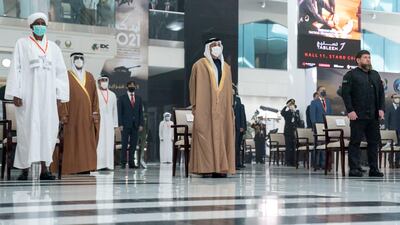 Sheikh Mansour bin Zayed stands during the UAE national anthem, during the opening ceremony for Idex. Seen with Ramzan Kadyrov President of Chechnya. Mohamed Al Hammadi / Ministry of Presidential Affairs