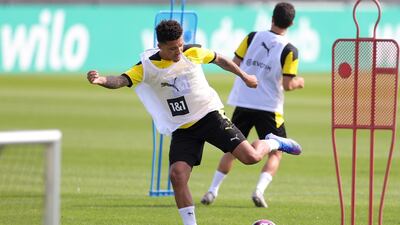 Jadon Sancho attends a training session with Borussia Dortmund at the team training grounds in Dortmund. EPA