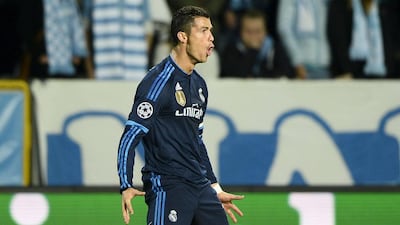 Real Madrid's Cristiano Ronaldo celebrates one of his goals against Malmo in the Champions League on Wednesday night. Anders Wiklund / TT News Agency / Reuters / September 30, 2015