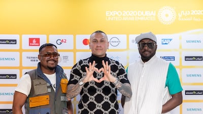 Pop-rap group Black Eyed Peas have arrived at Expo 2020 Dubai to play a concert at Al Wasl Plaza on Tuesday. Members, from left, apl.de.ap, Taboo and will.i.am are pictured at the Expo Media Centre. Photo: Expo 2020 Dubai