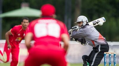 KING CITY, CANADA : August 6, 2013 UAE captain Khurram Khan gets an edge on a ball against Canada during the one day international at the Maple Leaf Cricket club in King City, Ontario, Canada ( Chris Young/ The National). For Sports *** Local Caption *** chy103.jpg