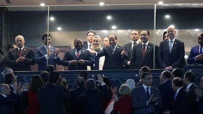 Egypt President Abdel Fattah al-Sisi waves to attendees before the 2019 Africa Cup of Nations match between Egypt and Zimbabwe at Cairo International Stadium. EPA