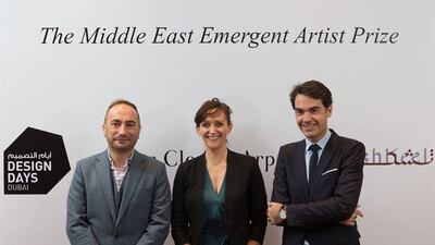 Cyril Zammit, Anabelle de Gersigny and Alban Belloir at the inauguration of The Middle East Emergent Artist Prize
