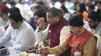 The shilanyas vidhi of the first traditional Hindu temple in the UAE is performed in the holy presence of His Holiness Mahant Swami Maharaj, the spiritual leader of BAPS Swaminarayan Sanstha.