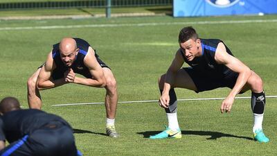 France’s Laurent Koscielny (R) and Christophe Jallet (L) during a training session at Centre d’Entrainement Robert Louis-Dreyfus, Marseille, France, 06 July 2016. France will face Germany in the second Uefa Euro 2016 semi-final match, held at the Stade Velodrome in Marseille on 07 July. Peter Powell / EPA