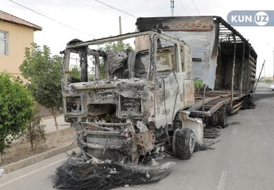 A burnt lorry in the streets of Nukus after protests broke out in the city on July 1. KUN. UZ via Reuters