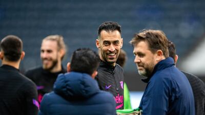 Sergio Busquets during Barcelona's training session in Frankfurt. EPA