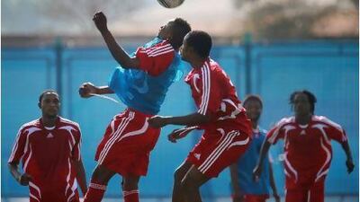 TP Mazembe take part in a training session in Abu Dhabi on Sunday. The African champions are looking to break new ground tonight by going beyond the semi-finals of the Club World Cup. Delores Johnson / The National