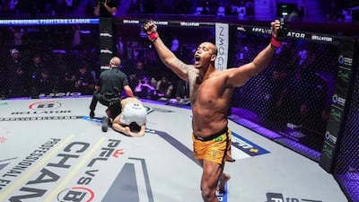 Bellator heavyweight Renan Ferreira celebrates after his first-round KO victory against PFL's Ryan Bader in Riyadh on Saturday. Photo: PFL MMA