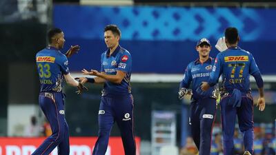 Mumbai Indians' Trent Boult celebrates the wicket of Rashid Khan of Sunrisers Hyderabad during their IPL match at MA Chidambaram Stadium in Chennai. Sportzpics for IPL