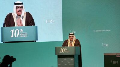 Bahraini Foreign Minister Khalid bin Ahmad Al Khalifa speaks during the 10th International Institute for the Strategic Studies Manama Dialogue on December 6. Hasan Jamali / AP