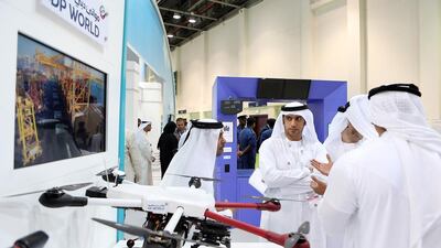 Drones are on display at the DP World stand. Pawan Singh / The National