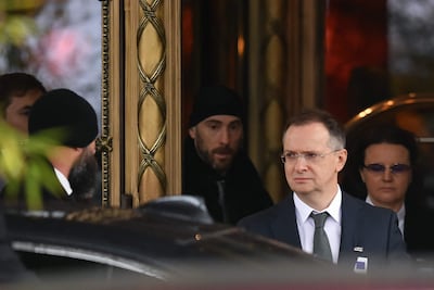 Russia's chief negotiator Vladimir Medinsky leaves after a two hours of US-mediated talks between Russia and Ukraine seeking to find an end to the four-year war, in Geneva. AFP