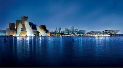 A computer rendering of Saadiyat Island. From left, Guggenheim, Zayed National Museum and Louvre.