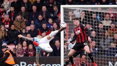Nicolas Otamendi of Manchester City attempts an acrobatic shot. Getty Images