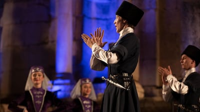 Circassian dancers from Al-Jeel Al-Jadeed Club (the New Generation Club) perform during the 2019 Jerash Festival of Culture and Arts at the Jerash archeological site, Jerash, some 46 km North of Amman, Jordan. EPA
