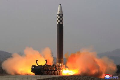 A North Korean government picture from what it says is a test-firing of a Hwasong-17 intercontinental ballistic missile. Korean Central News Agency / AP