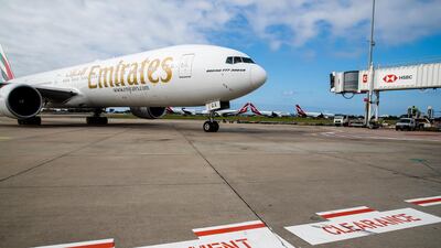 An Emirates plane carrying doses of the Oxford-AstraZeneca vaccine arrives at Sydney International airport. The shipment contained 300,000 doses. Getty