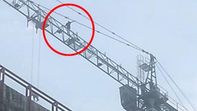 The climber stands arms outstretched on a crane above Wind Tower. Courtesy: Loredana Matei
