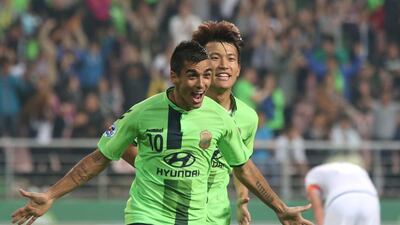 Leonardo celebrates a goal during the Asian Champions League last-16 back in May. Yonhap / EPA
