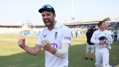 England bowler Mark Wood celebrates after winning the second Test against Pakistan at Multan Cricket Stadium on December 12, 2022. The victory gave England an unassailable 2-0 lead in the three-match series. Getty