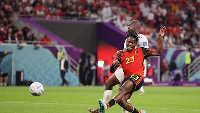 Michy Batshuayi of Belgium scores their first goal in the World Cup Group F match against Canada at Ahmad bin Ali Stadium on November 23, 2022, in Doha, Qatar. Getty