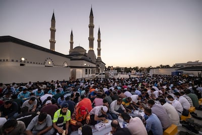 The first iftar and evening prayer of Ramadan 1447 at Al Farooq Omar Bin Al Khattab Mosque in Al Safa, Dubai. Antonie Robertson / The National