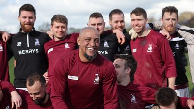 Soccer Football - Greenhous Shrewsbury and District Sunday League Division 1 - Roberto Carlos plays for Bull in the Barne United v Harlescott Rangers - Hanwood Village Hall Recreation Centre, Shrewsbury, Britain - March 4, 2022 Bull in the Barne United's Roberto Carlos and teammates react after the match Action Images via Reuters / Carl Recine